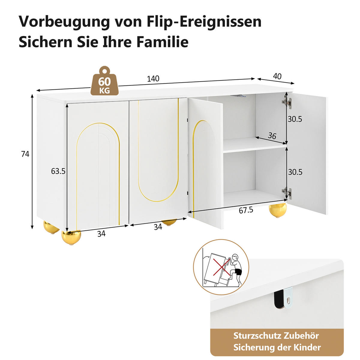 SIDEBOARD 4 Türen Goldlinien Design Metallfüße Modern Schrank - Weiß, Holzwerkstoff (140/74/40cm) - FLIEKS