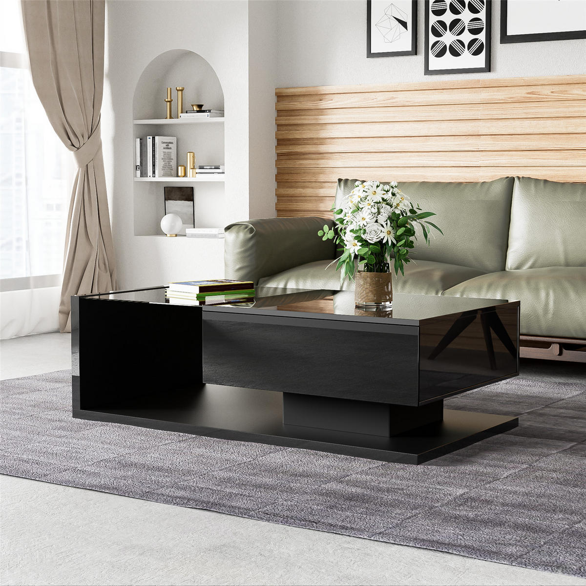 COUCHTISCH 105x55x32,5 Hochglanz Schwarz LED Glas - Schwarz, Holz (105/55/32.5cm) - Coonoor