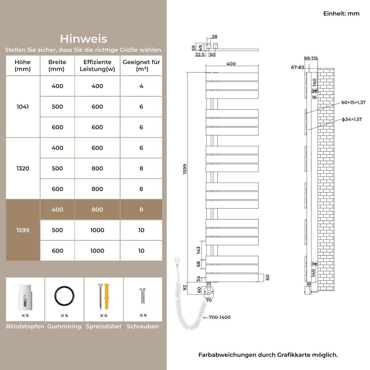 HANDTUCHHEIZKÖRPER 159,9/40 cm weiß elektrisch 800 W mit WLAN-Thermostat - Weiß, Metall (40/160/5.9cm) - S'AFIELINA