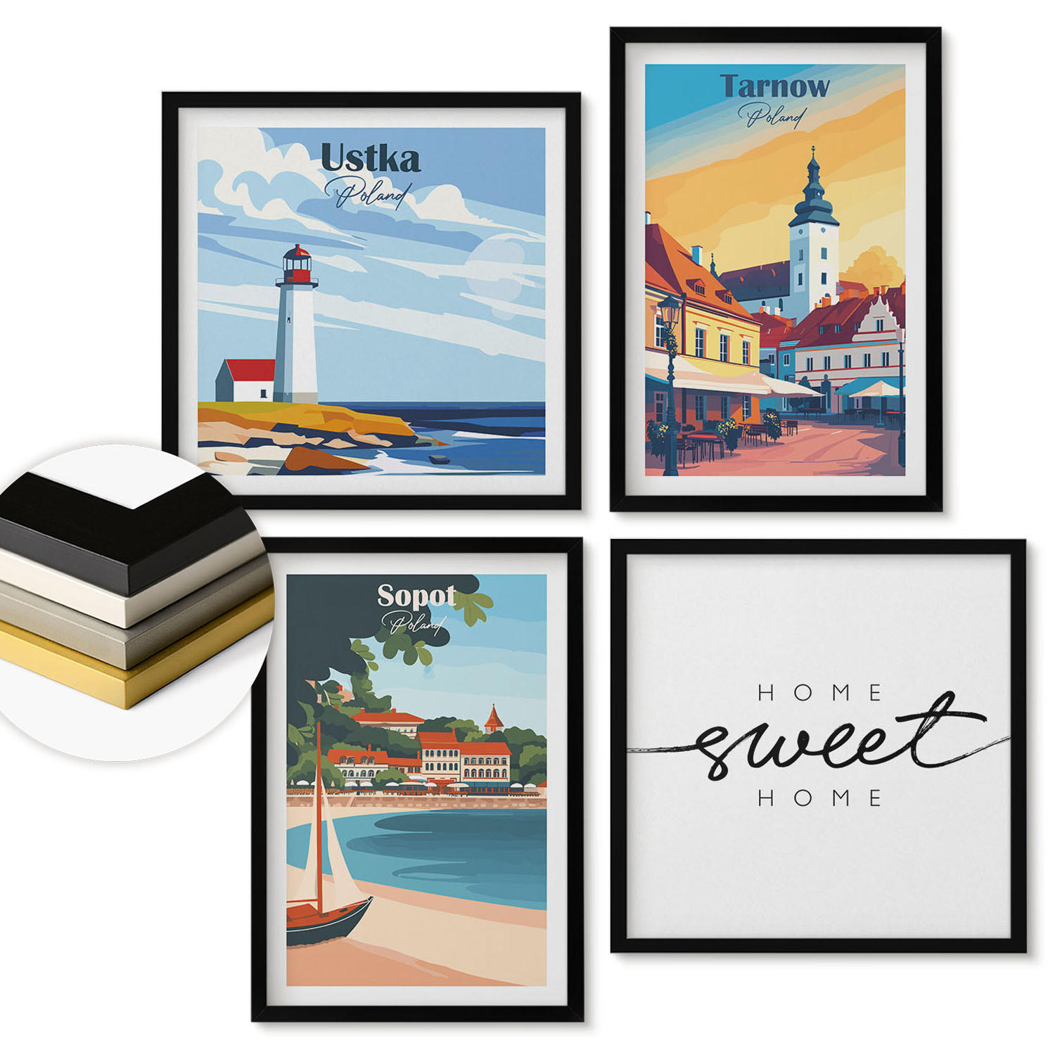 WANDBILDER 4er-Set - 50x50 cm & 40x60 cm Schwarzer Rahmen - Polnische Städte Ustka Tarnów Sopot - Schwarz, Kunststoff (50/50cm) - ArtPrintCave