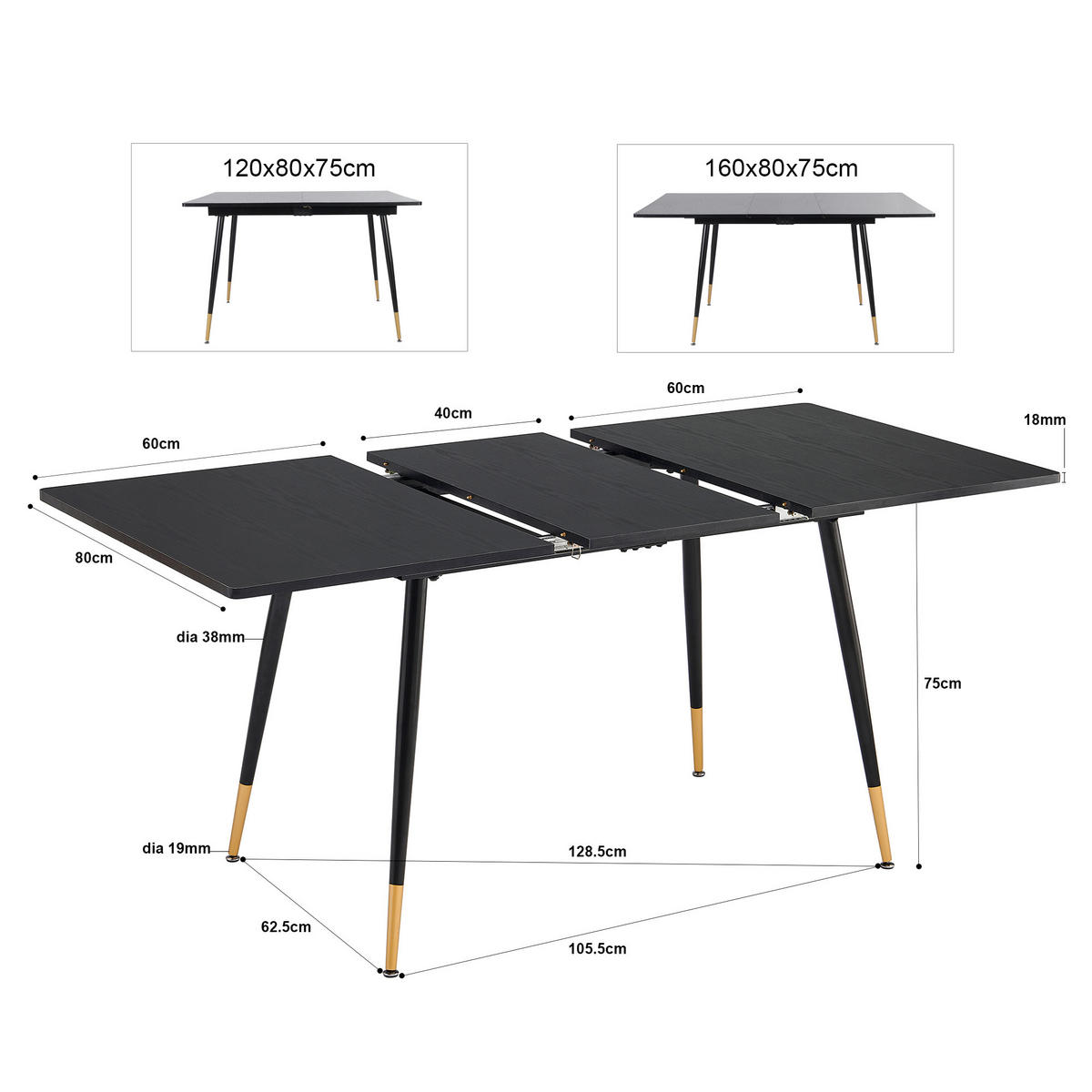 ESSTISCH ausziehbar für 4–6 Personen Schwarz - Schwarz, Metall (160/80/75cm) - Meubles Cosy