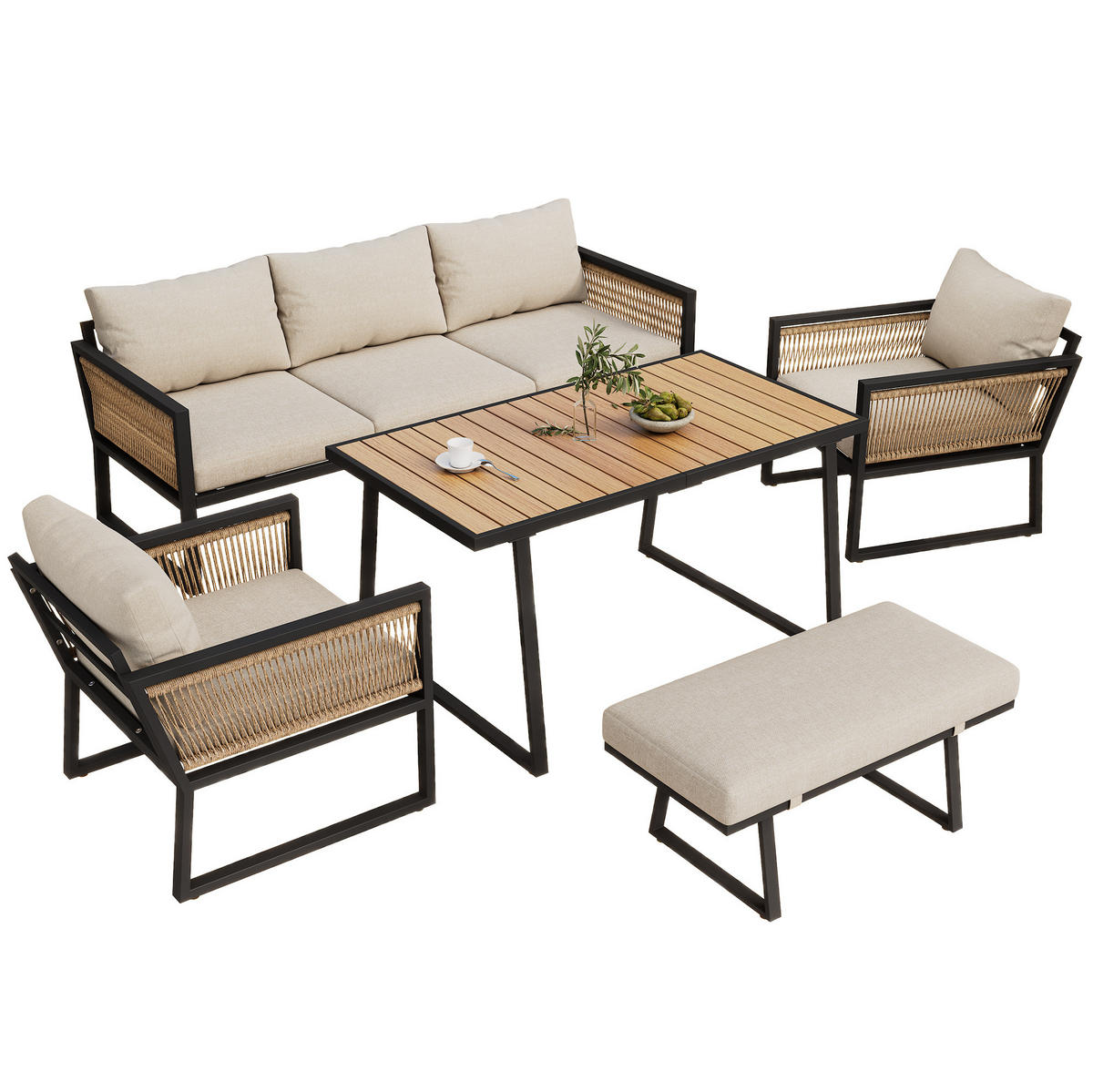GARTENSET 5-tlg. 187x67x63cm beige aus Stahl und Seil, wasserdicht - Beige, Textil - Modfu