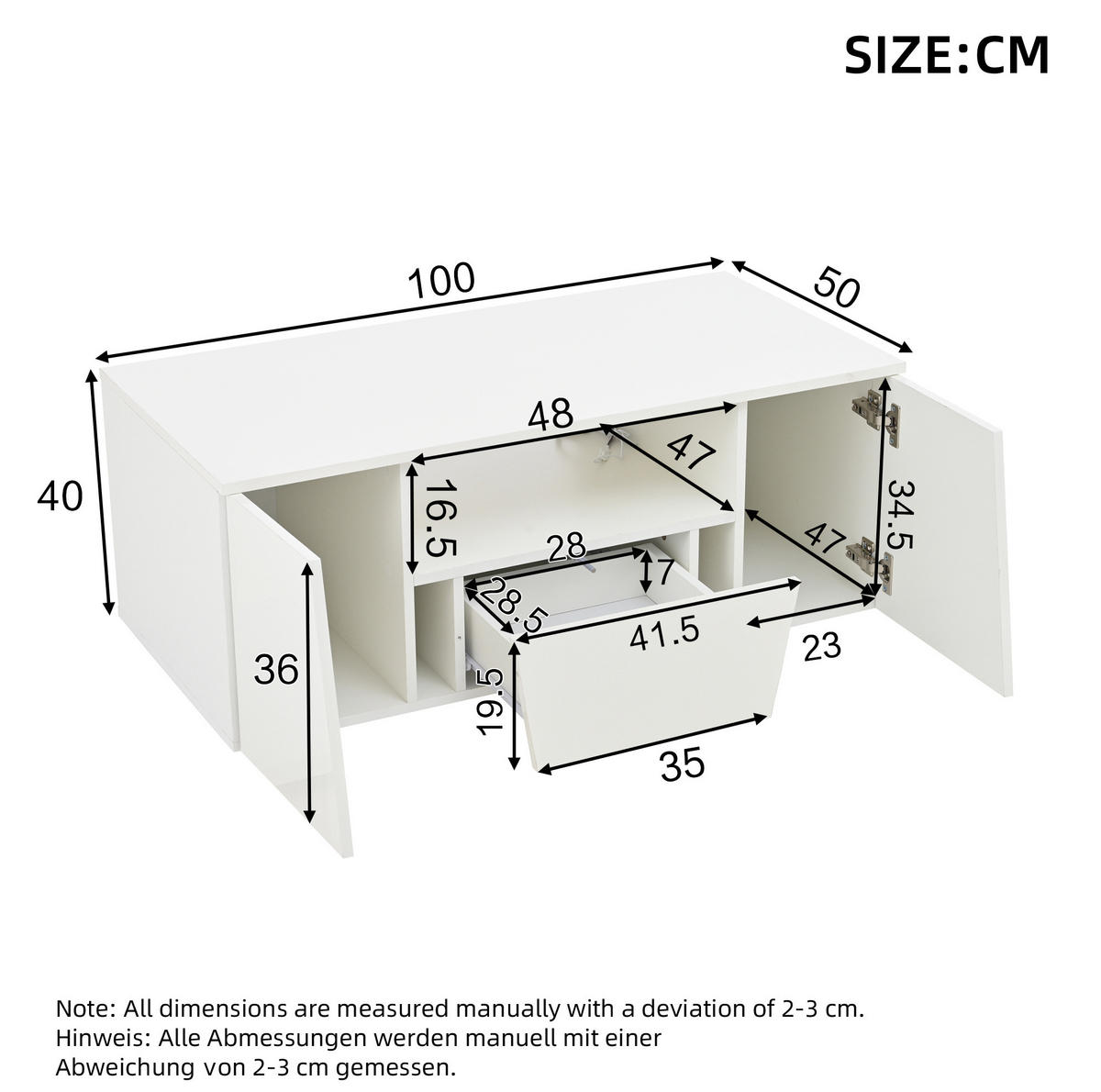 KONFERENČNÍ stolek 100/50/40 cm bílý z dřevotřísky s LED osvětlením a úložným prostorem - bílá, kompozitní dřevo (100/50/40cm) - OKWISH