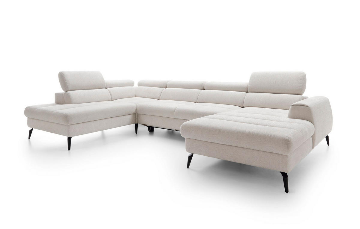 WOHNLANDSCHAFT NOTE Creme Chenille mit Schlaffunktion - Creme, Holz (345/93/257cm) - MASSENO