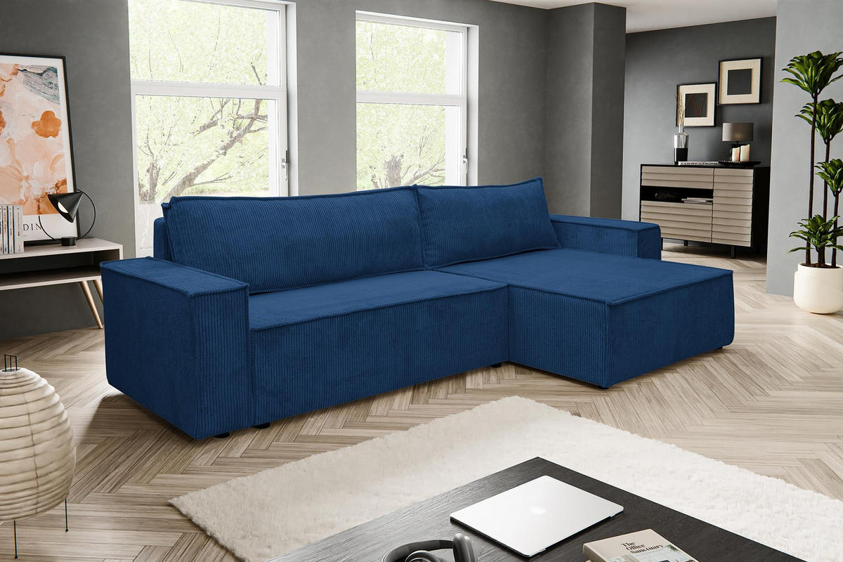ECKSOFA HUGO XL Schlaffunktion und Bettkasten Cord-Stoff (Blau) - Blau, Textil (274/142cm) - VENASI MÖBEL