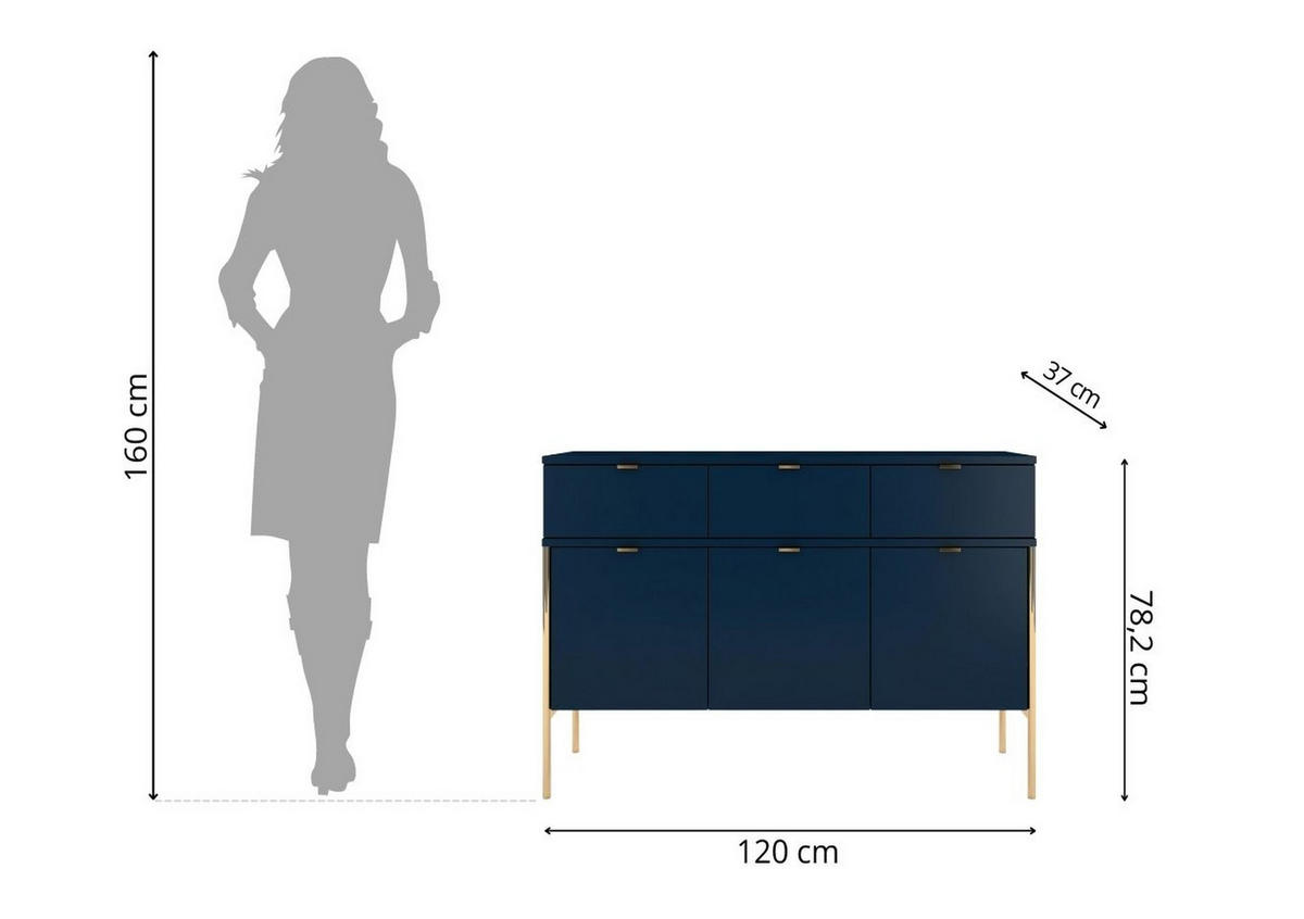SIDEBOARD Polka, Marineblau, Goldene Details - Goldfarben/Dunkelblau, Holzwerkstoff/Metall (120/78/37cm) - Skandica
