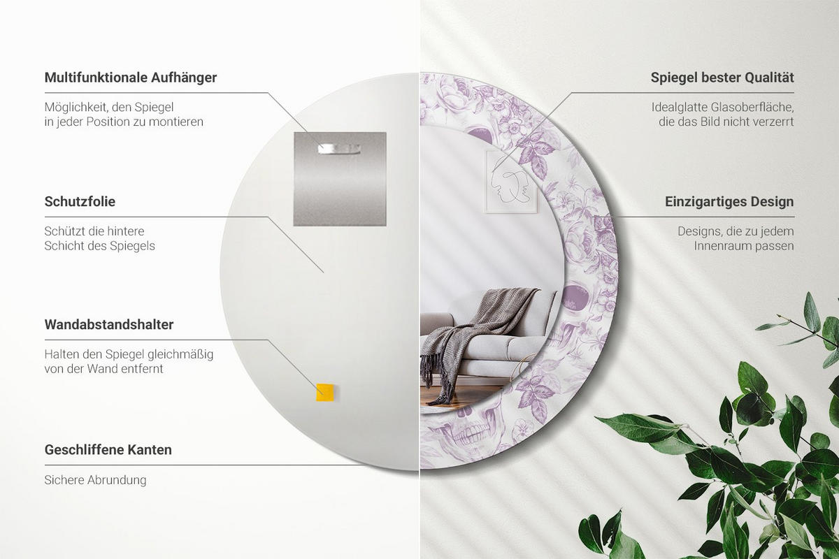 SPIEGEL Rund Ø 50 cm mit Aufdruck - Violett, Glas (50/50/0.4cm) - Wallfluent