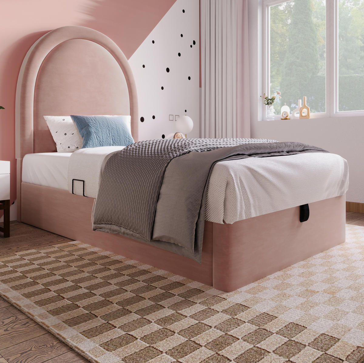 KINDEREINZELBETTEN aus Samt 90x200 cm in Rosa mit Matratze & Stauraum - Rosa, Textil (90/200cm) - Modfu