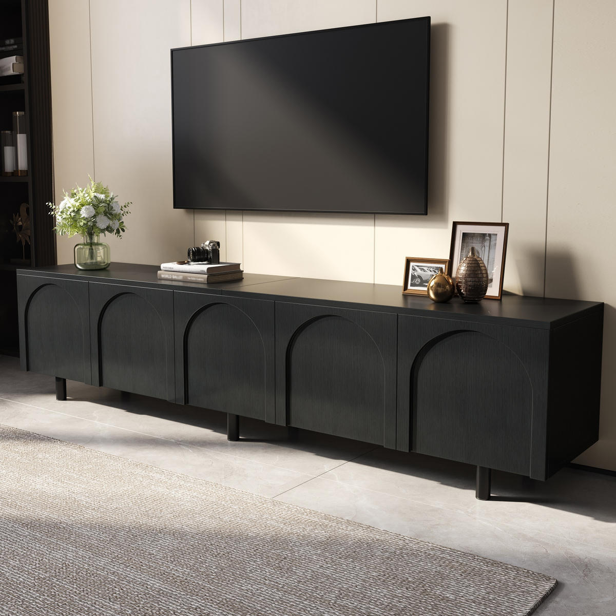 TV-SCHRANK Lowboard 5 Türen Metallfüße PB MDF modern - Schwarz, Holzwerkstoff (38/45/180cm) - FLIEKS