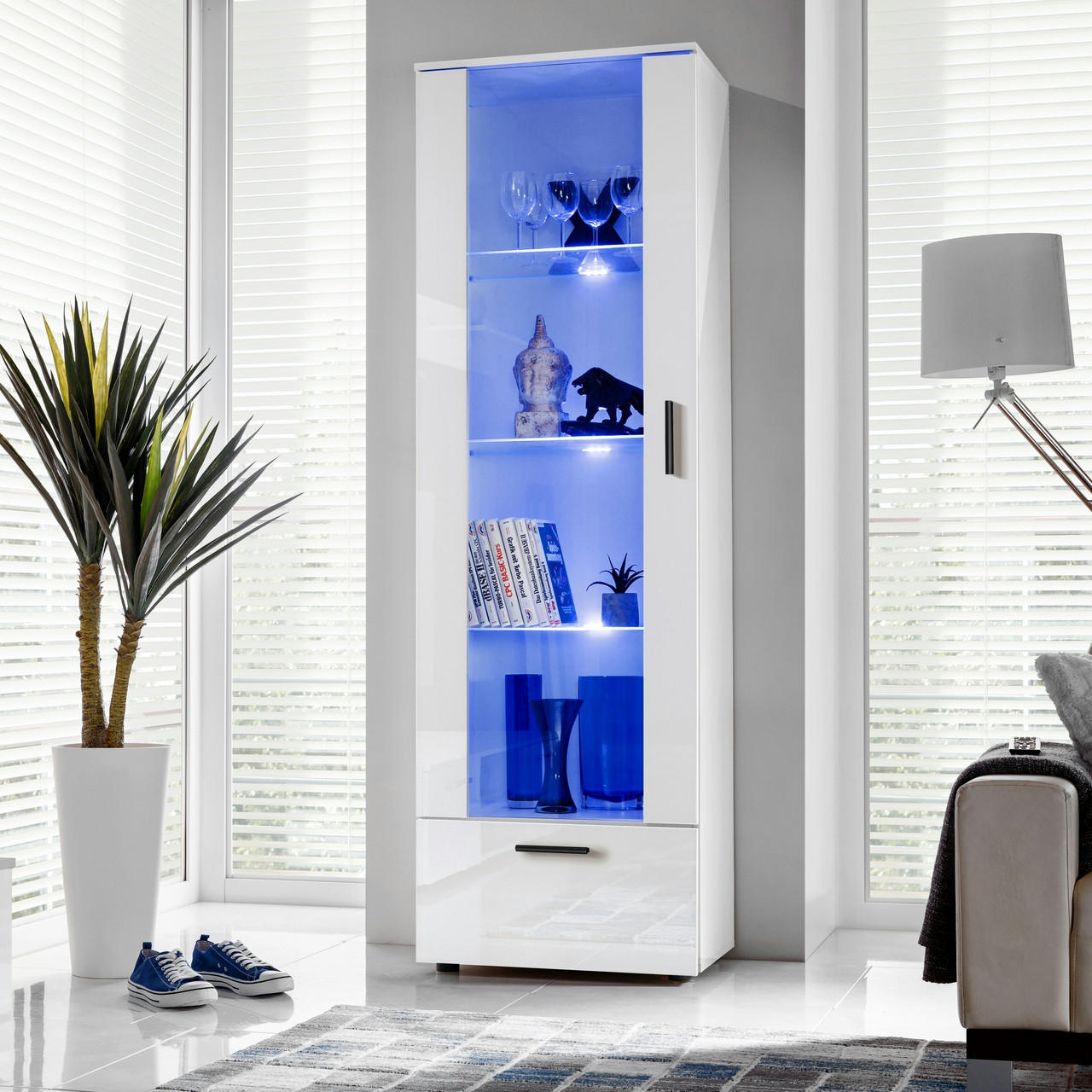 VITRINE ALESSANDRIA, Weiss, LED Blau - Schwarz/Weiß, Glas/Holzwerkstoff (60/192/42cm) - Komodee