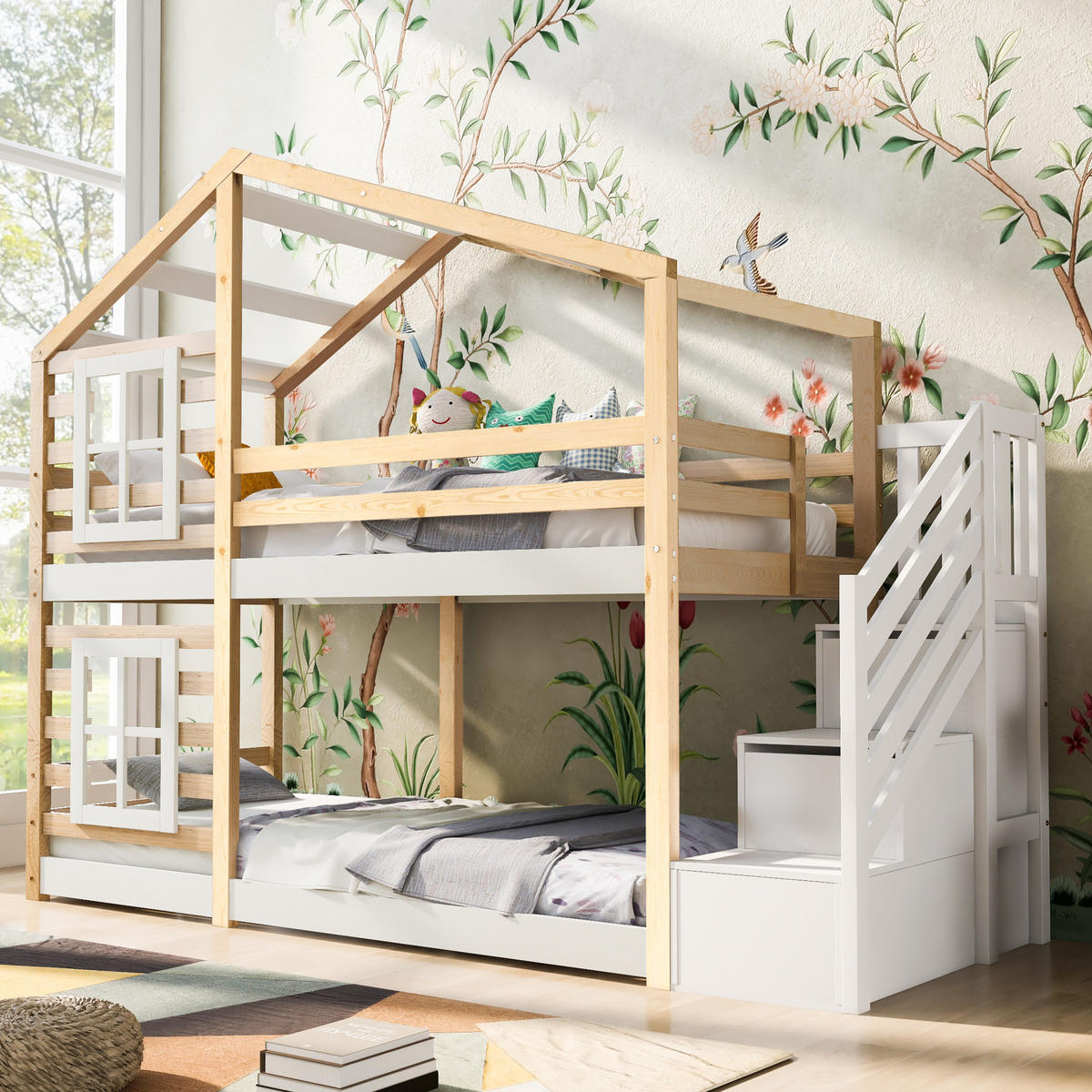 KREVET na kat 90/200 cm prirodna i bijela od masivnog drva i MDF-a sa spremištem - prirodne boje, drvni materijal (90/200cm) - OKWISH