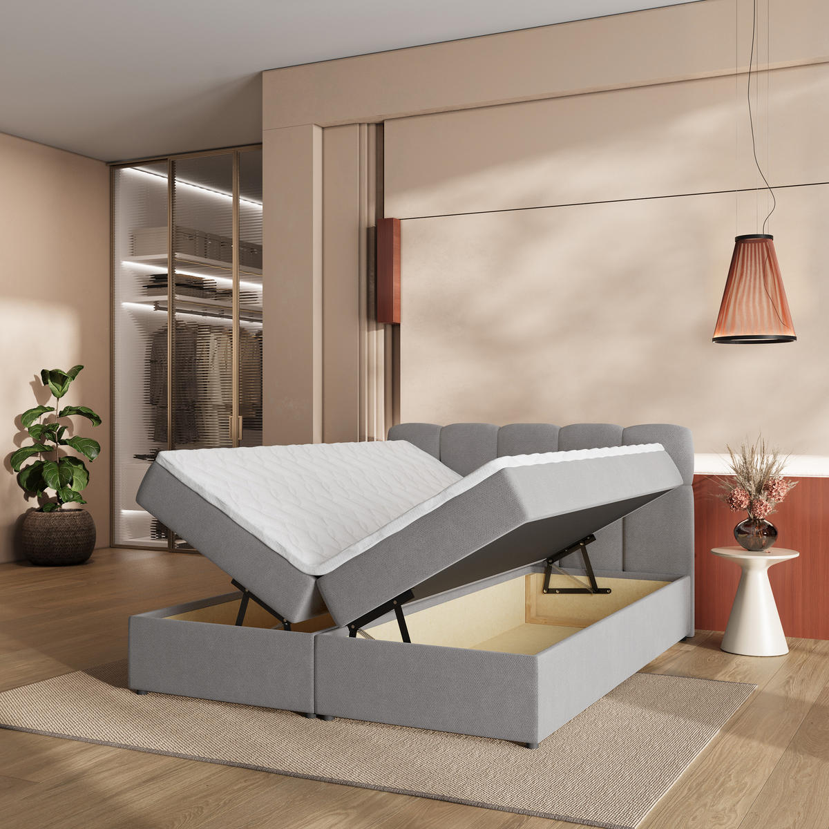 BOXBETT MERU 180x200 cm mit Matratze und Topper - Grau - Grau, Holz (180/200cm) - MASSENO
