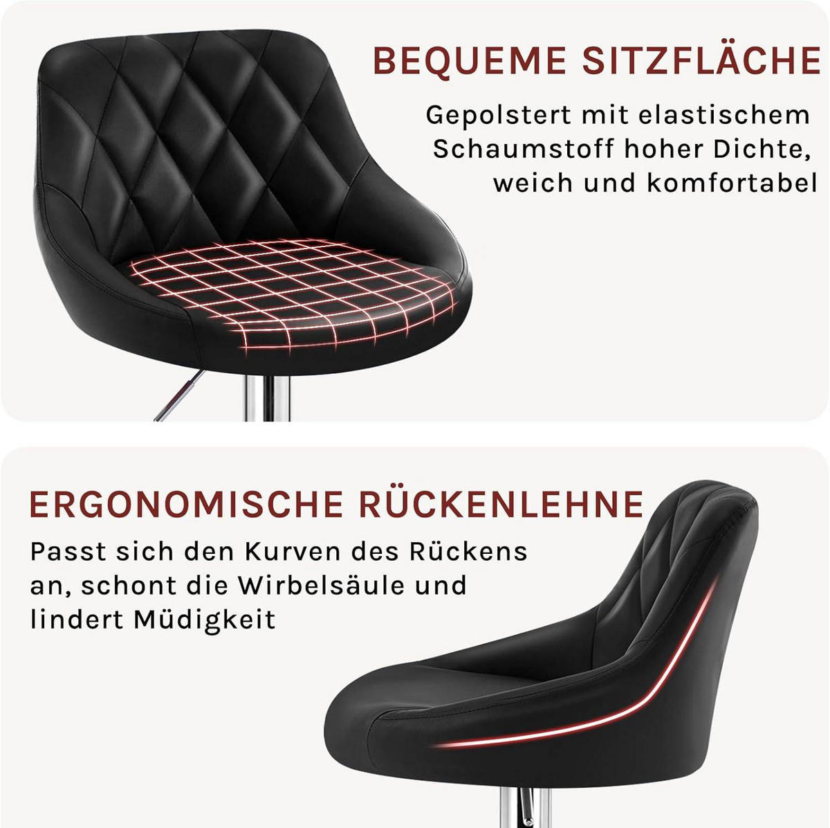 BARHOCKER, Kunstleder, Höhenverstellbar, 360° Drehbar - Schwarz, Metall (47/104/39cm) - Woltu