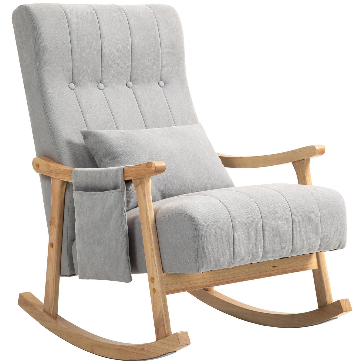 SCHAUKELSTUHL Schaukelsessel mit Lendenkissen, Seitentasche für Wohnzimmer Grau - Naturfarben/Grau, Holz/Buchenholz (65/98/90cm) - HOMCOM