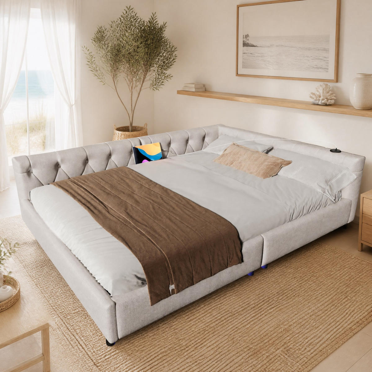 POLSTERBETT 140/200 mit LED-Ambientebeleuchtung, USB + Type-C und Knopfsteppung aus Leinen in Beige - Beige, Holzwerkstoff/Textil (140/200cm) - EVRYAE