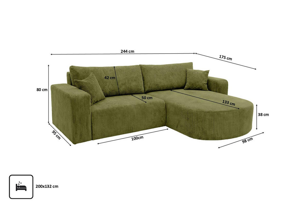 ECKSOFA Mit Schlaffunktion, Cordstoff Poso, Olive, Rechts, ROUND ONE - Olivgrün, Holz (244/175cm) - Kaiser Möbel