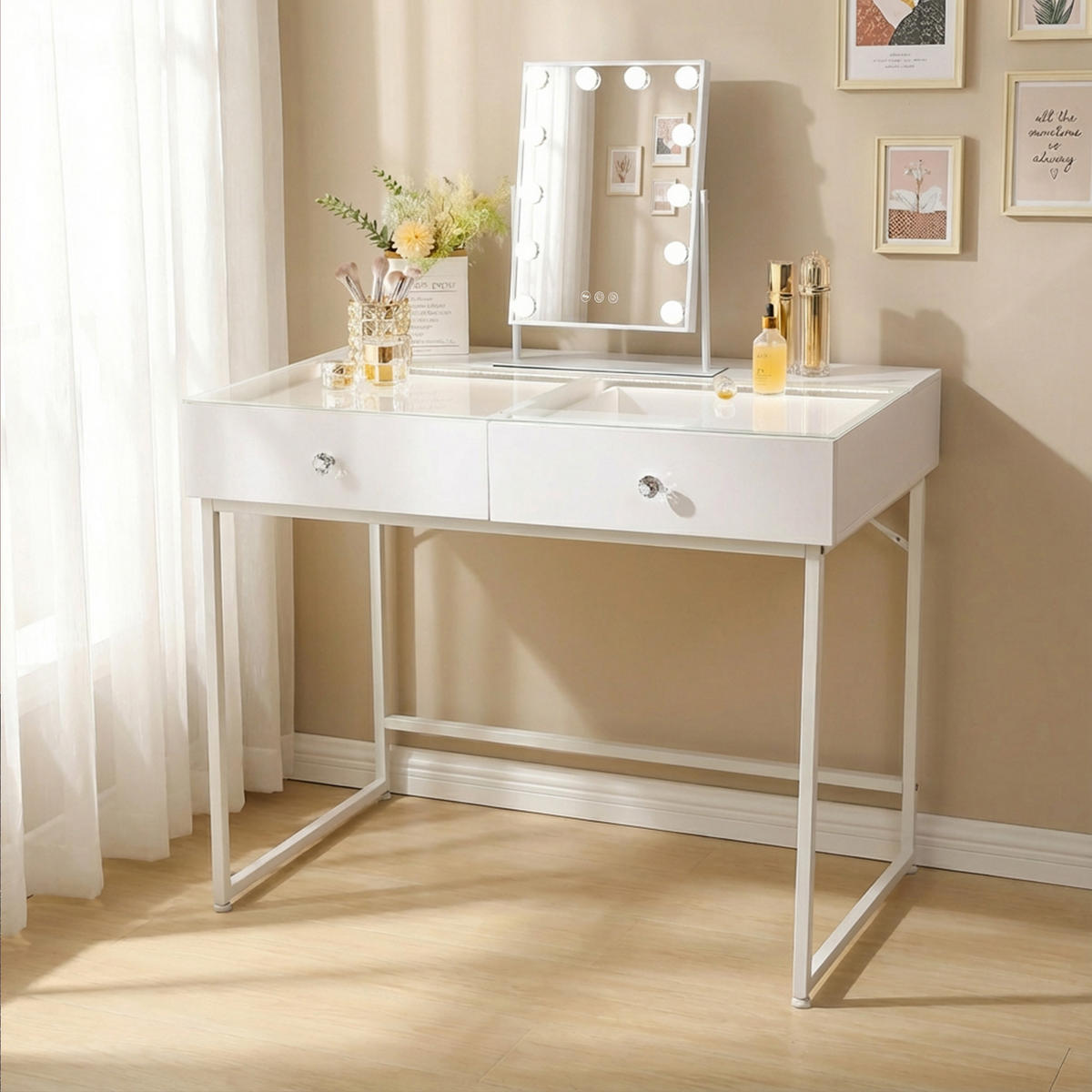 SCHMINKTISCH mit 2 Schubladen 100/55/81 CM und LED Beleuchtung Schminkspiegel Lichtleiste weiß 30/41 cm - Weiß, Holz/Metall (55/81/100cm) - VANITII