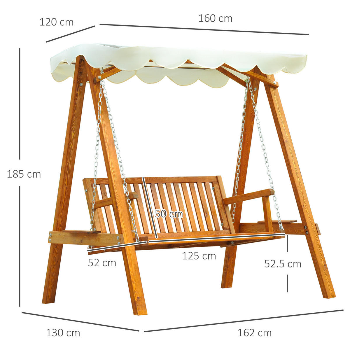 HOLLYWOODSCHAUKEL 162/130/185 cm mit Sonnendach und Lärchenholzgestell, Natur - Beige, Holz (130/185/162cm) - Redom