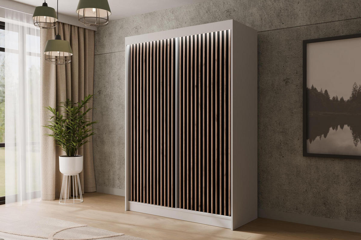 KLEIDERSCHRANK mit LED, Lamel-Schiebetüren VILANv2 - 120 cm Weiß + Lamelle Eiche Wotan - Eiche Wotan/Weiß, Holzwerkstoff (120/215/61cm) - ALTDECOR