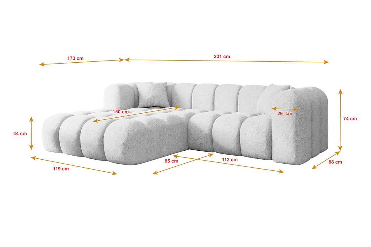 ECKSOFA Ottomane Links OLEA-L1 - 231x173x74 cm Weiß Bouclé - Schwarz/Weiß, Holzwerkstoff/Kunststoff (190/242cm) - ALTDECOR