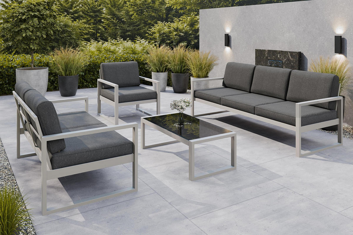 GARTENSET Madera für 6 Personen Balkonmöbel Aluminium Terassenmöbel Sitzbank, 4-tlg. Tisch kaschmir, dunkelgrau - Kaschmir/Dunkelgrau, Kunststoff/Metall - Margaret Hadas24