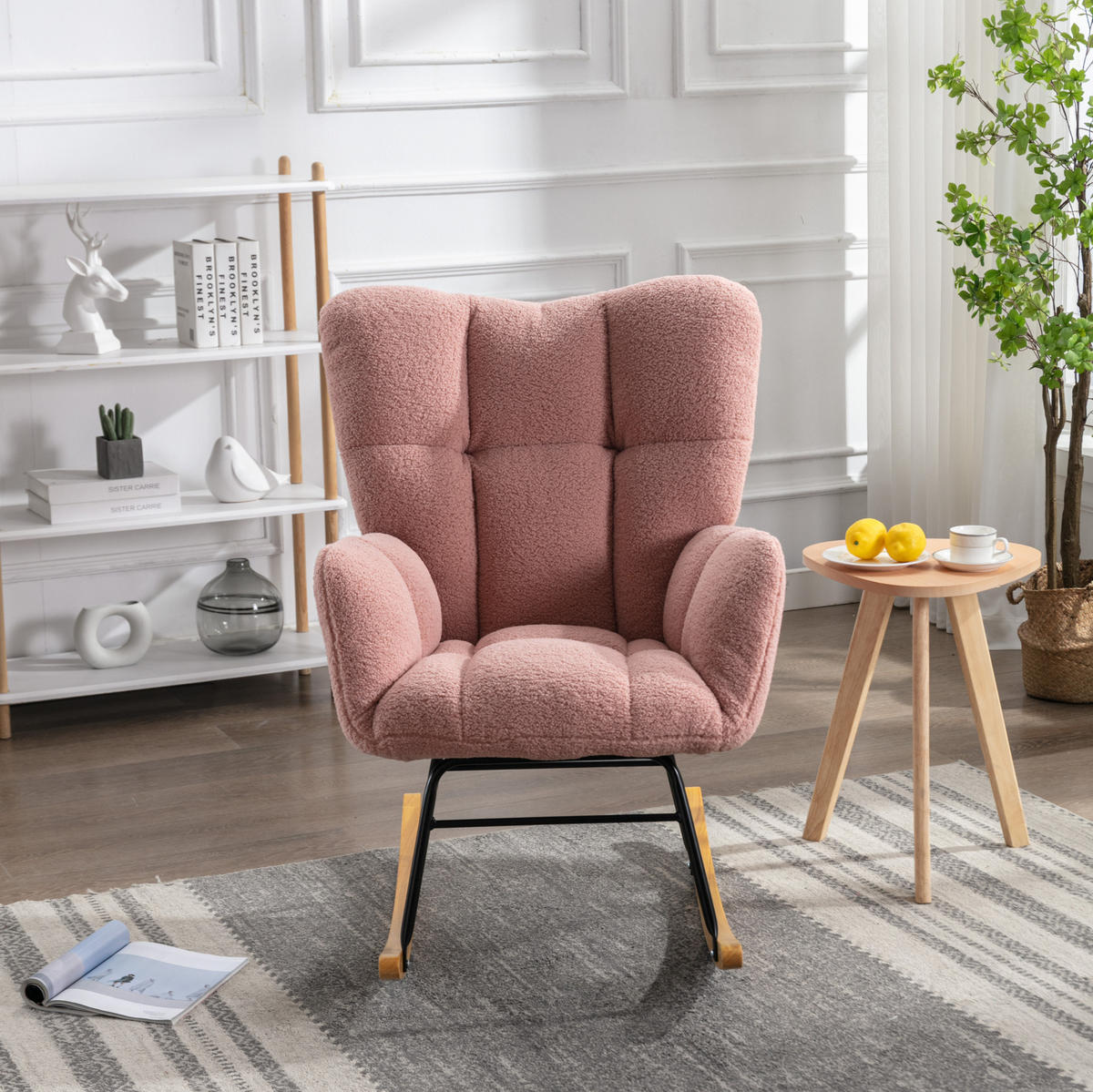SCHAUKELSTUHL 80/70/95 cm rosa aus Lammfell-Optik mit hoher Rückenlehne - Rosa, Textil (70/95/80cm) - OKWISH