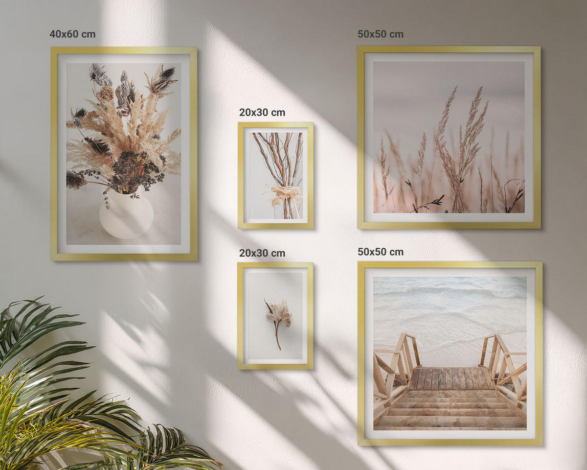 BILDER SET 5er Set - 50x50 cm & 20x30 cm & 40x60 cm Goldrahmen - Blumenzweige Minimalismus Natur - Goldfarben, Kunststoff (40/60cm) - TULUP