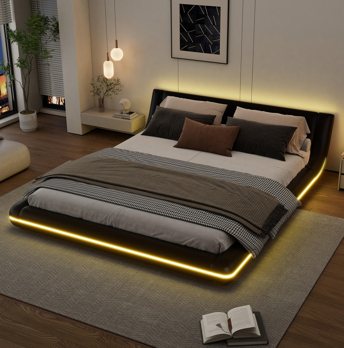 BODENBETT 160/200 cm Schwarz mit LED - Schwarz, Kunststoff (160/200cm) - MIVRAY