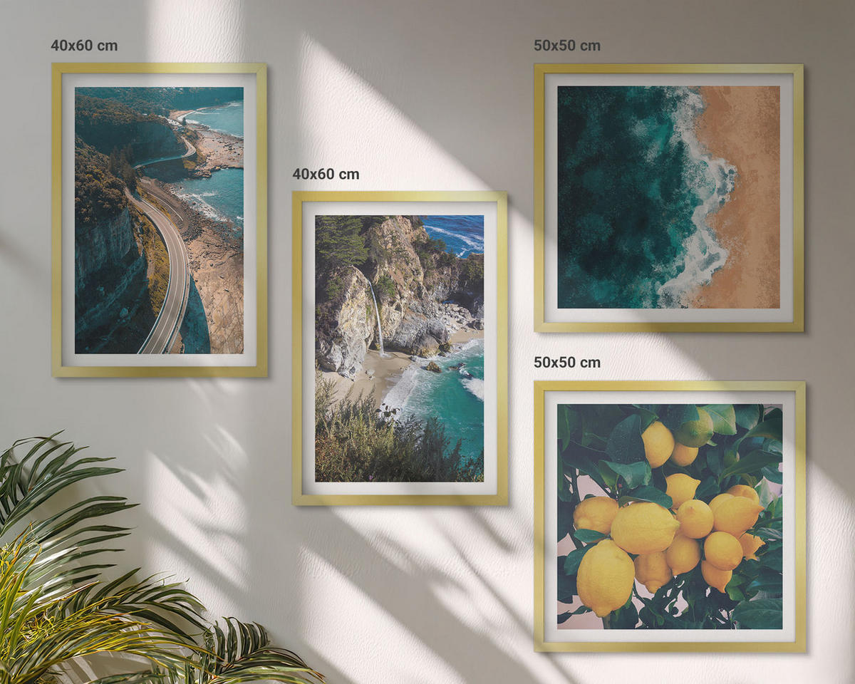 WANDBILDER 4er Set - 50x50 cm & 40x60 cm Goldrahmen - Meerstrand Zitronen Berge - Goldfarben, Kunststoff (50/50cm) - ArtPrintCave