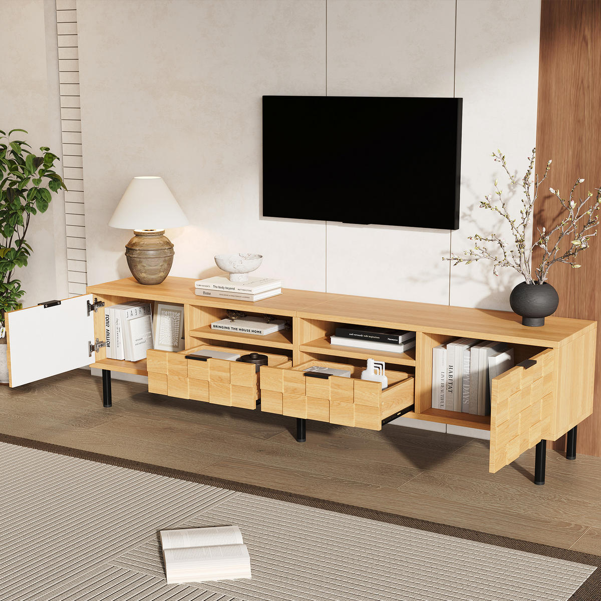 TV STOLEK v přírodní barvě se 2 zásuvkami a 2 otočnými dvířky do obývacího pokoje, 200×35×44,5 cm - přírodní/černá, kompozitní dřevo (200/44.5/35cm) - STILVORA