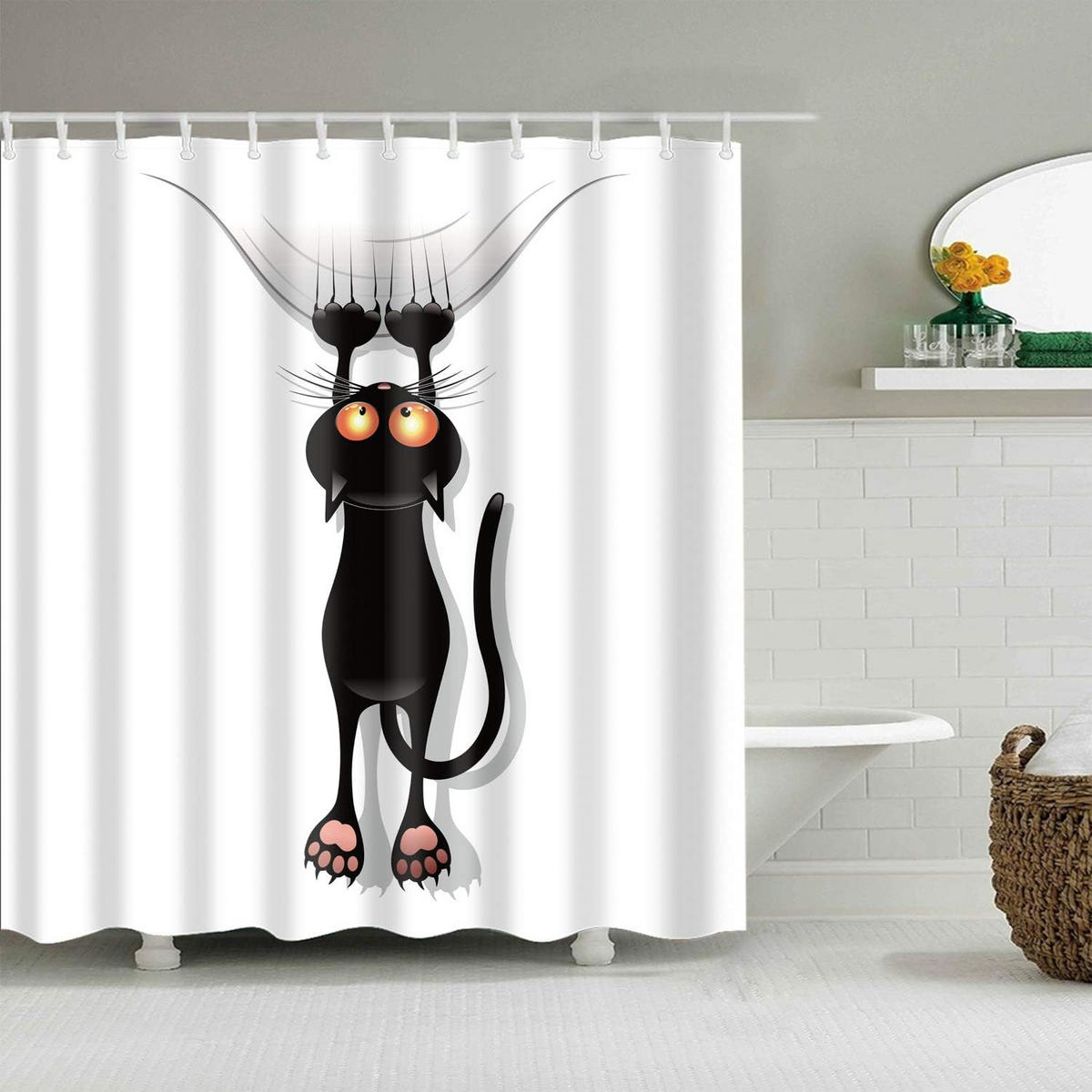DUSCHVORHANG Schwarz Katze Tier Muster Polyester 180 x 180 cm wasserdicht mit Haken Badezimmer - Weiß, Textil (180/180cm) - MCBOSON