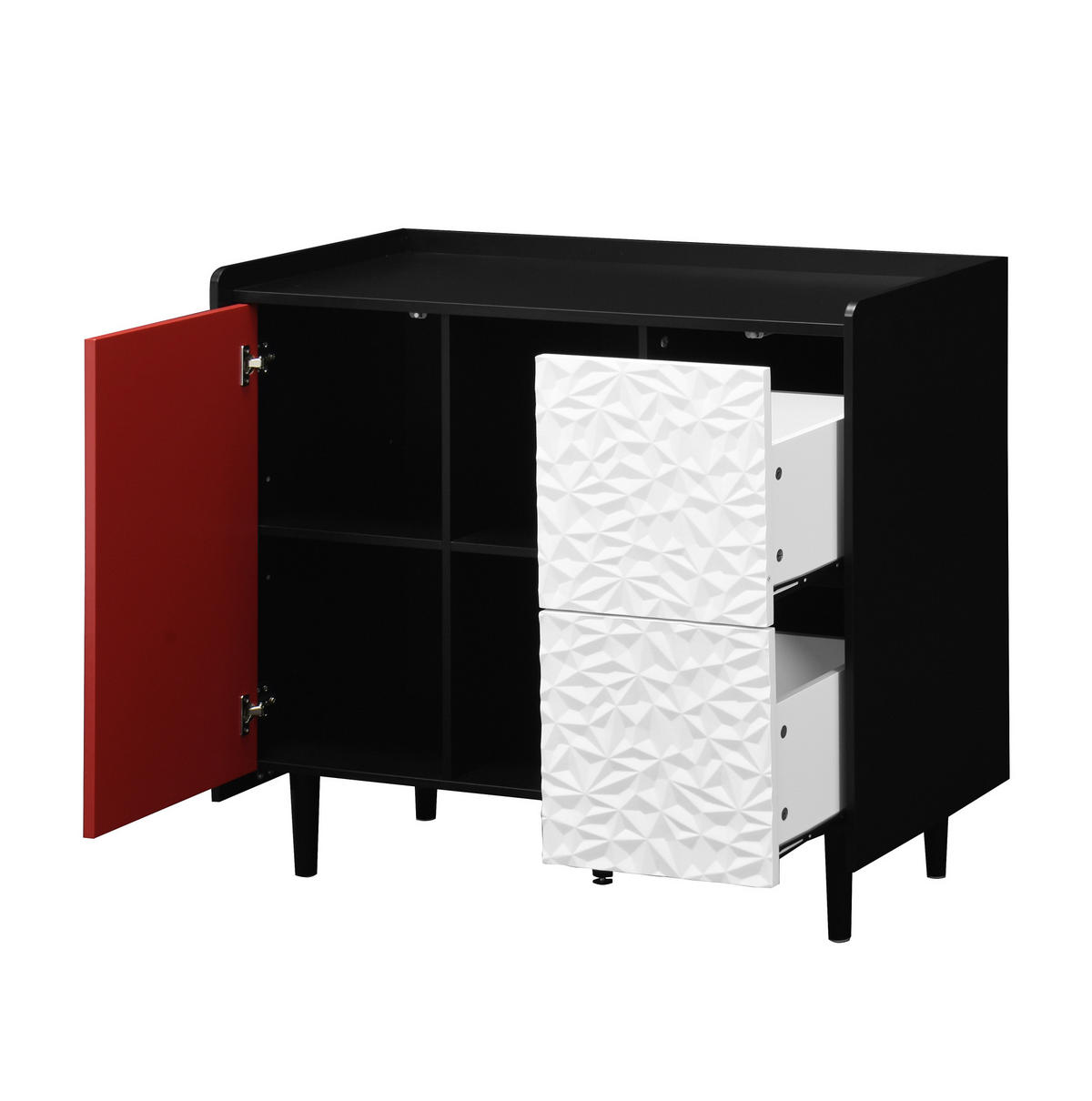 SIDEBOARD 90/40/80 cm schwarz-rot aus MDF mit 2 Schubladen und offenen Fächern - Schwarz, Holzwerkstoff (90/80/40cm) - OKWISH