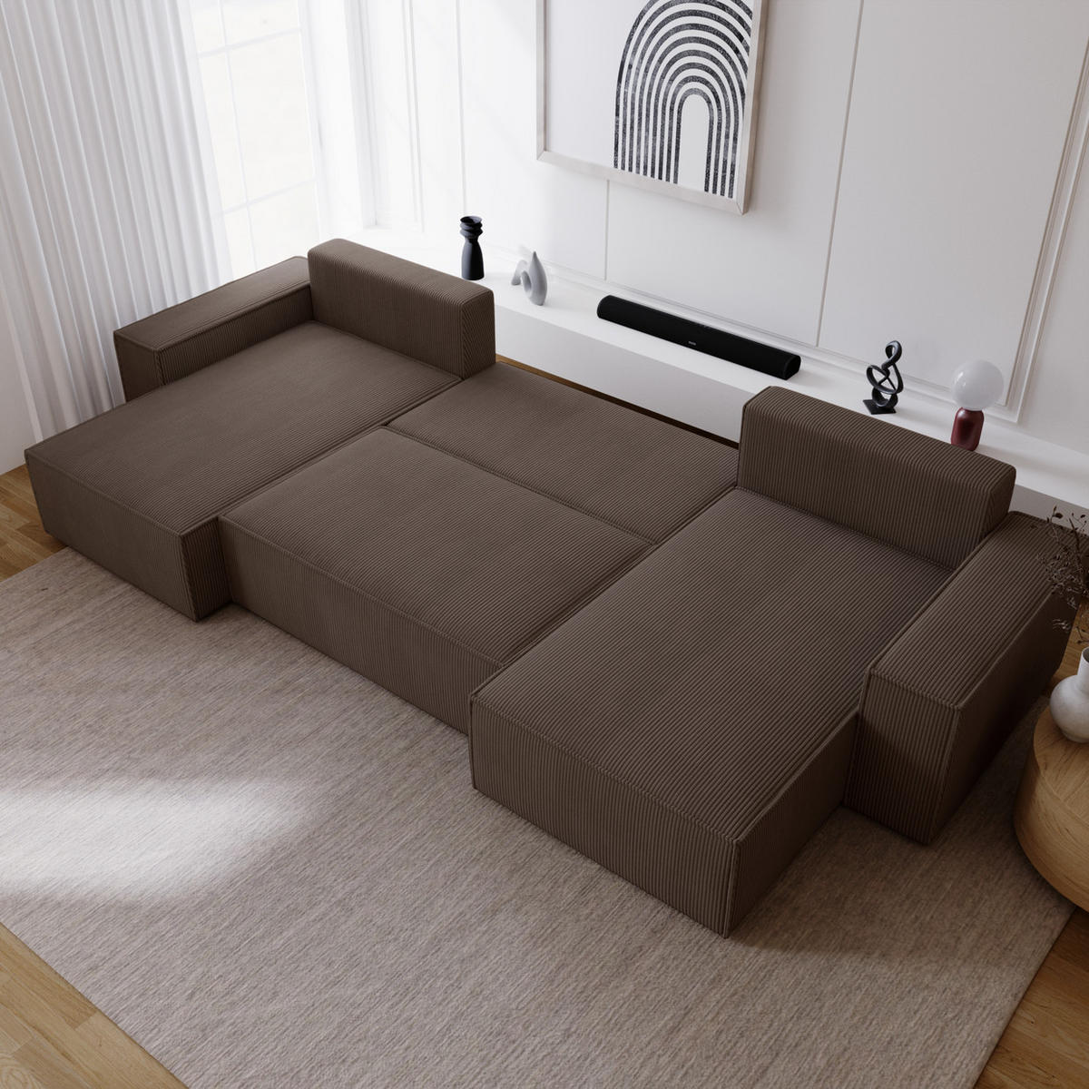 ECKSOFA U 380 cm Bergamo mit Schlaffunktion, Cordstoff, Braun - Braun, Holz (377/189cm) - Emporius