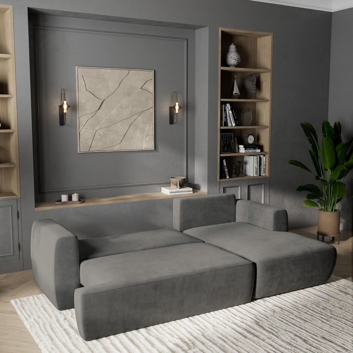 ECKSOFA SENTI K R-S Grau Plüsch-Stoff mit Schlaffunktion - Grau, Holz (246/148cm) - MASSENO