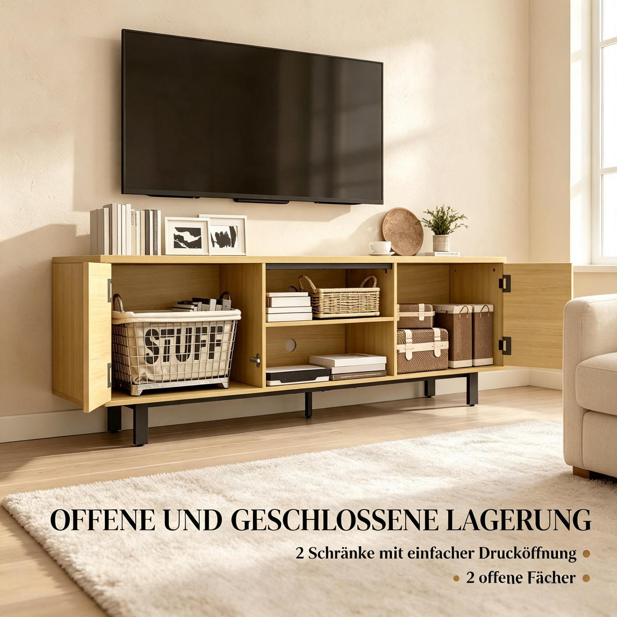 TV-SCHRANK 160/35/55.5 cm Natürlich mit 2 Drucktüren und 2 offenen Regalen - Naturfarben, Holz/Holzwerkstoff (160/55.5/35cm) - Oxeza