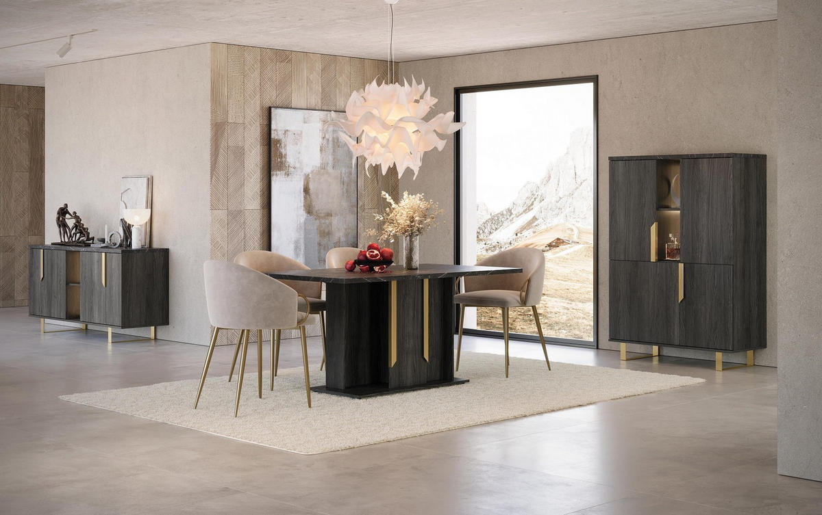 WOHNZIMMERSCHRANK ORION 2-Türig in Rosenholzoptik mit Marmoroptik - Goldfarben/Schwarz, Holzwerkstoff/Metall (110/159/49cm) - Interdesign24