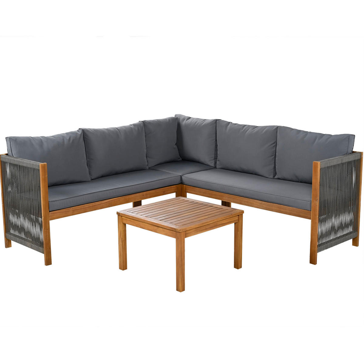 GARTENSET 187x187x71cm grau aus Massivholz, handgewebt - Grau, Textil - Modfu