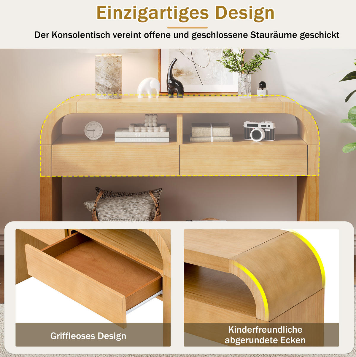 KONSOLENTISCH 120/35,5/76,5 cm natur aus MDF mit 2 Schubladen und verstellbaren Stellfüßen - Naturfarben, Holzwerkstoff (120/35.5/76.5cm) - OKWISH