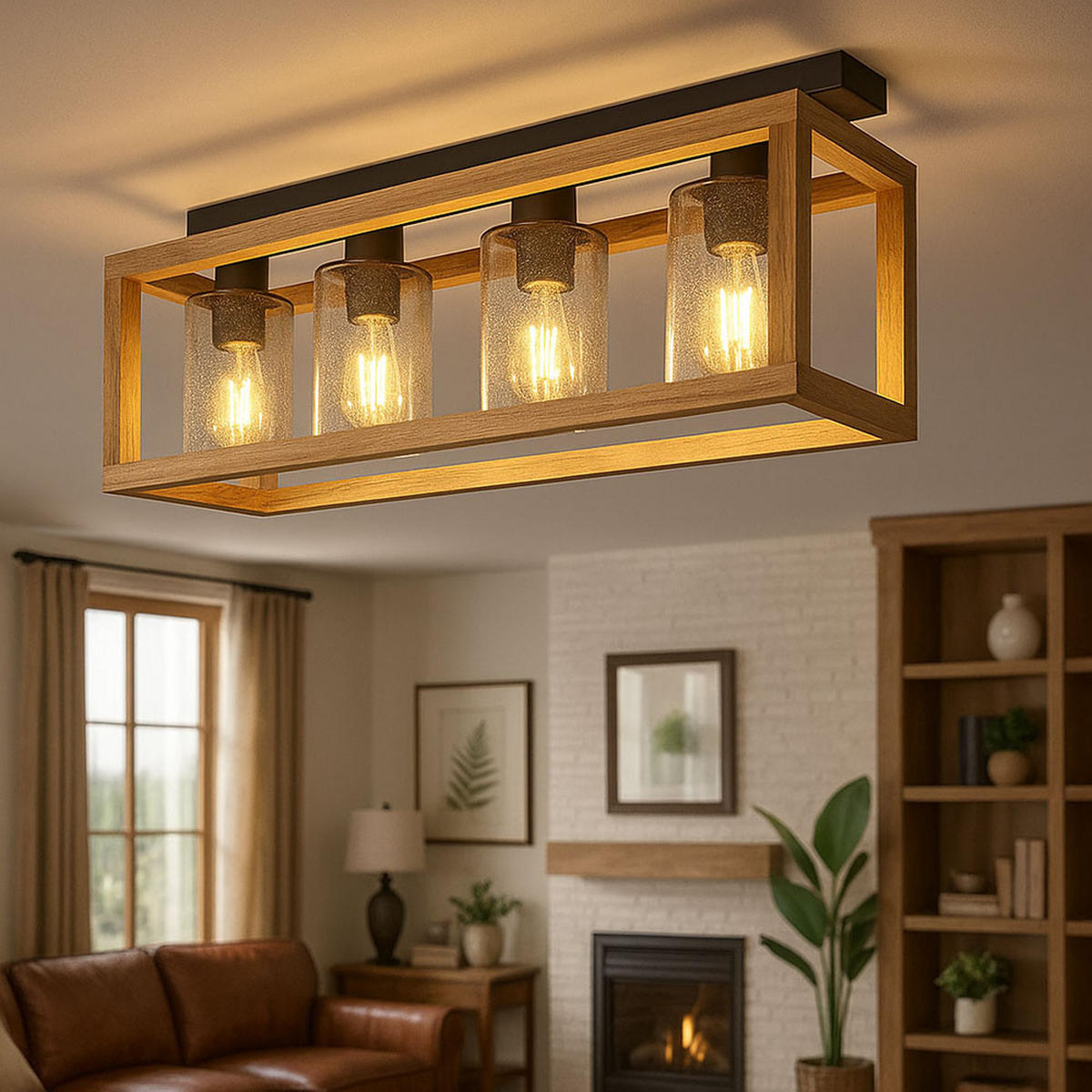 DECKENLEUCHTE Glas Braun Holzoptik - Braun, Glas (74.5/20/22.5cm) - Globo Lighting