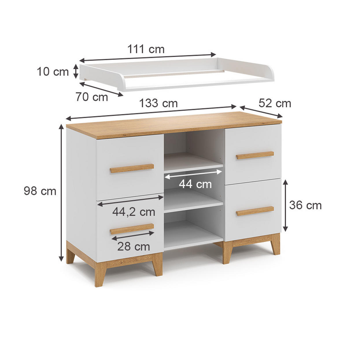 WICKELKOMMODE Malia Weiß 133 x 98 cm XL mit 4 Schubladen - Eichefarben/Weiß, Holzwerkstoff (133/108/70cm) - VitaliSpa