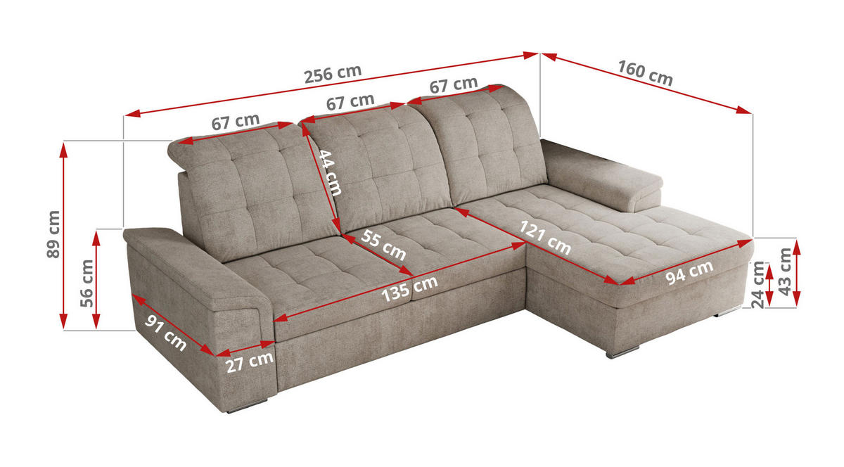 ECKSOFA MADRITO L - Beige Struktur - Rechts - Beige/Silberfarben, Textil/Metall (256/160cm)