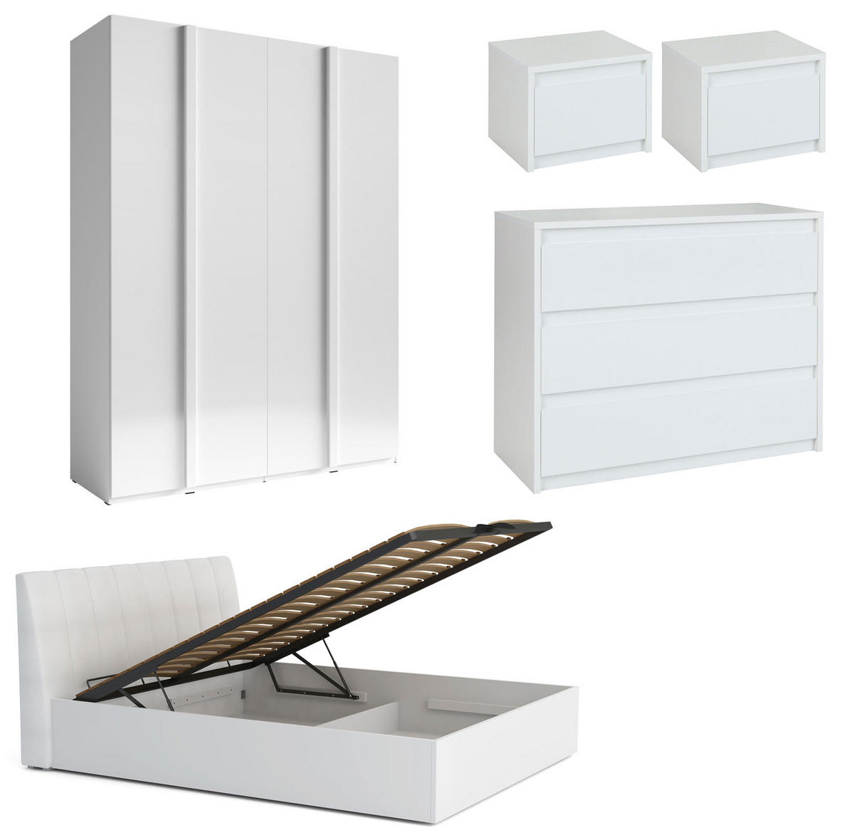 SCHLAFZIMMER-SET Italia Weiß matt / weiß hochglanz 6-teilig - Weiß Hochglanz/Weiß, Holz/Holzwerkstoff (180/200cm) - Feldmann-Wohnen