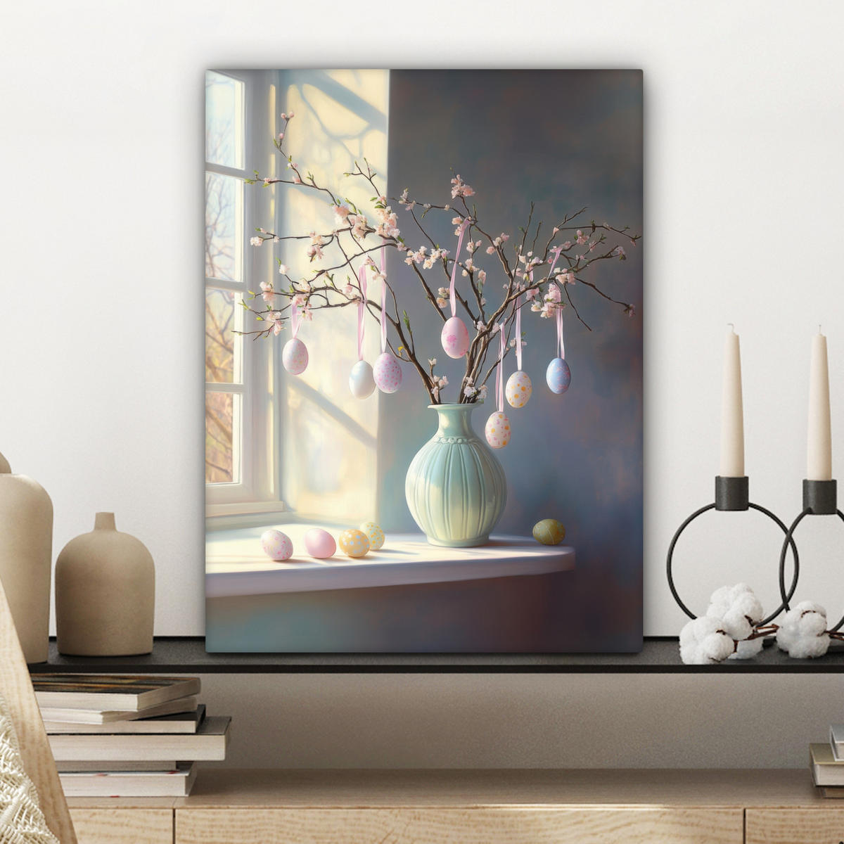 LEINWANDBILD Stillleben - Vase - Osterzweig Room Decor 30x40 cm - Hellblau, Textil (30/40cm) - MuchoWow