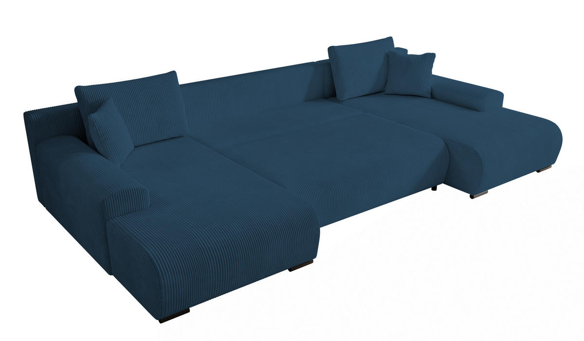 WOHNLANDSCHAFT Nelly U mit Bettkasten und Schlaffunktion, Cordstoff in U-Form - Blau, Textil (349/80/185cm)