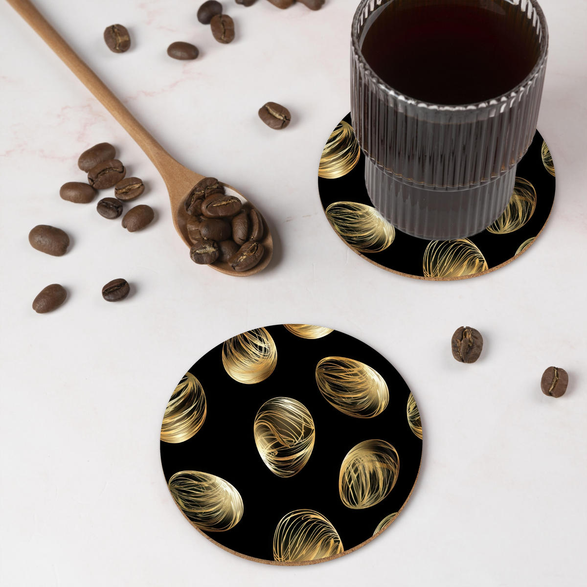 GLASUNTERSETZER Eier - Gold - Muster 10x10 cm - Schwarz, Naturmaterialien (10/0.2cm) - MuchoWow