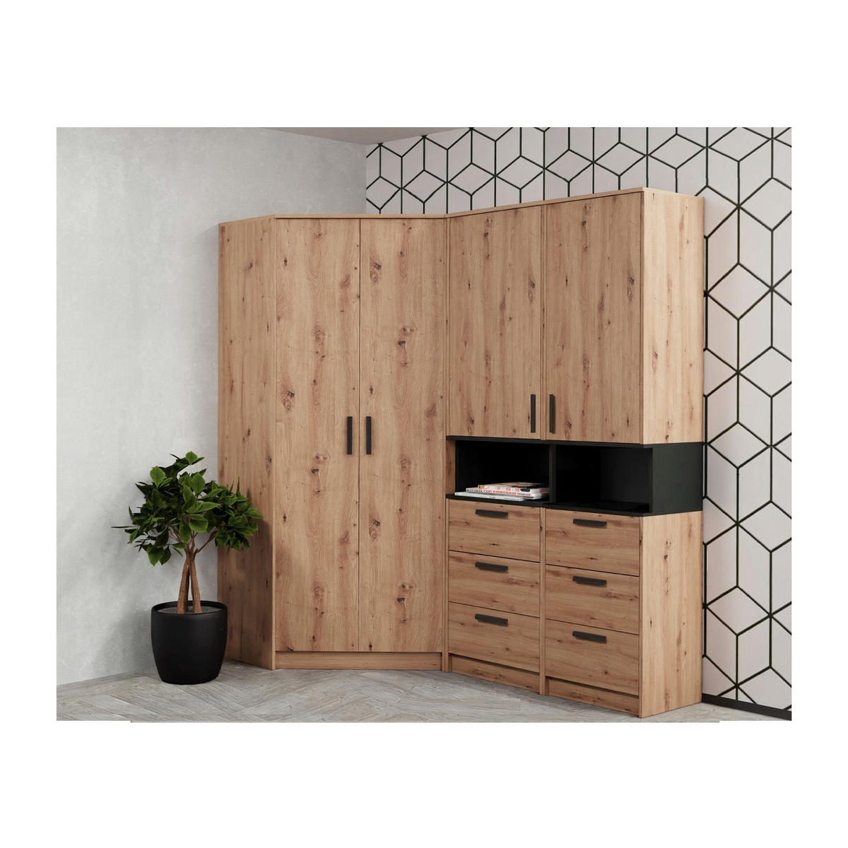 KLEIDERSCHRANK ECKSCHRANK GRANT SET 17/A EICHE ARTISAN 143/195/143 - Schwarz/Eiche Artisan, Holzwerkstoff (143/195/143cm) - Marmex Möbel