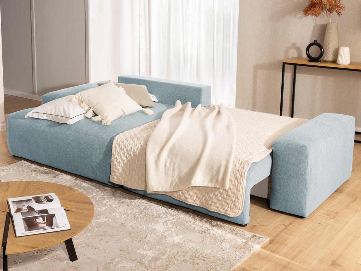 ECKSOFA inkl. Hocker Lennon aus Hellblau Strukturstoff mit Schlaffunktion und Bettkasten - Schwarz/Hellblau, Holz/Kunststoff (137/264cm) - S-Style