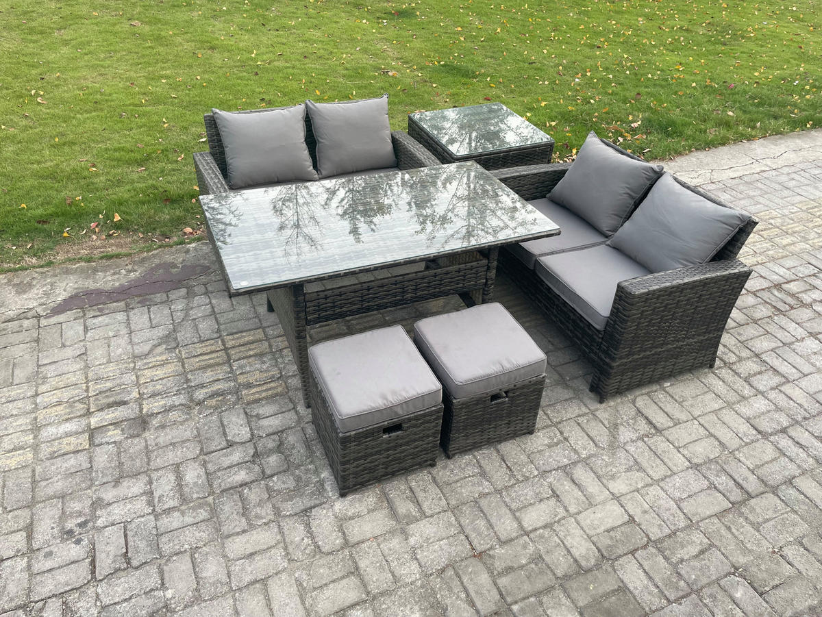 GARTENMÖBELSET mit 2-Sitzer Sofa,Esstisch,2 Beistelltischen Polyrattan Dunkelgrau 6-Sitzer - Dunkelgrau/Grau, Glas/Kunststoff - Fimous