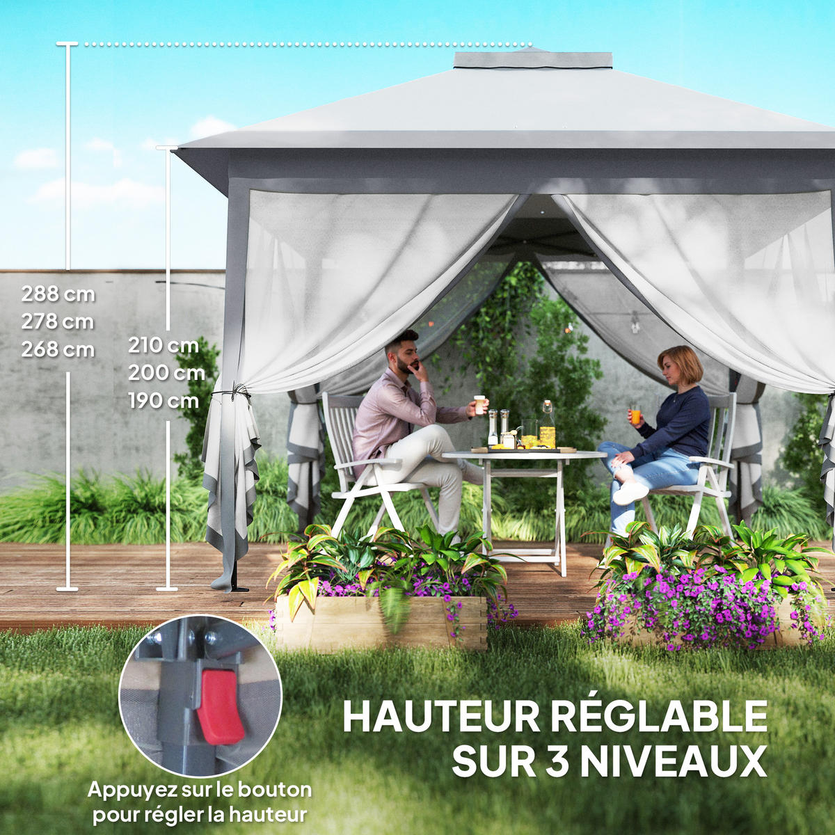 PAVILLON DE-13943 Pop-up 3/3 m, Doppeldach, 4 Moskitonetze - Grau, Textil (330/288/330cm) - ComfortXL