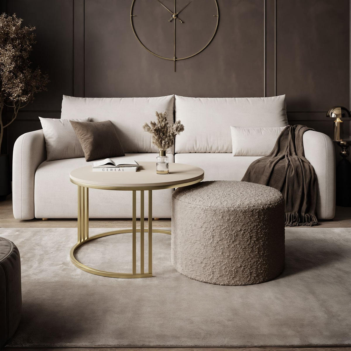 COUCHTISCH mit Hocker LORI MAT gebürstetes Gold/Kaschmir matt/Coral 50 - Kaschmir, Metall (70/70/49cm) - Lookway